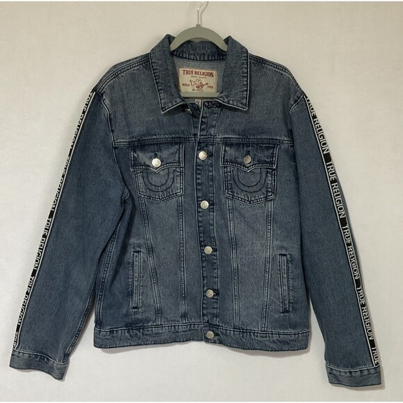 True Religion Denim Trucker Jacket Men's L Medium Wash Tape Logo NEW MSRP$179 - Picture 2 of 15
